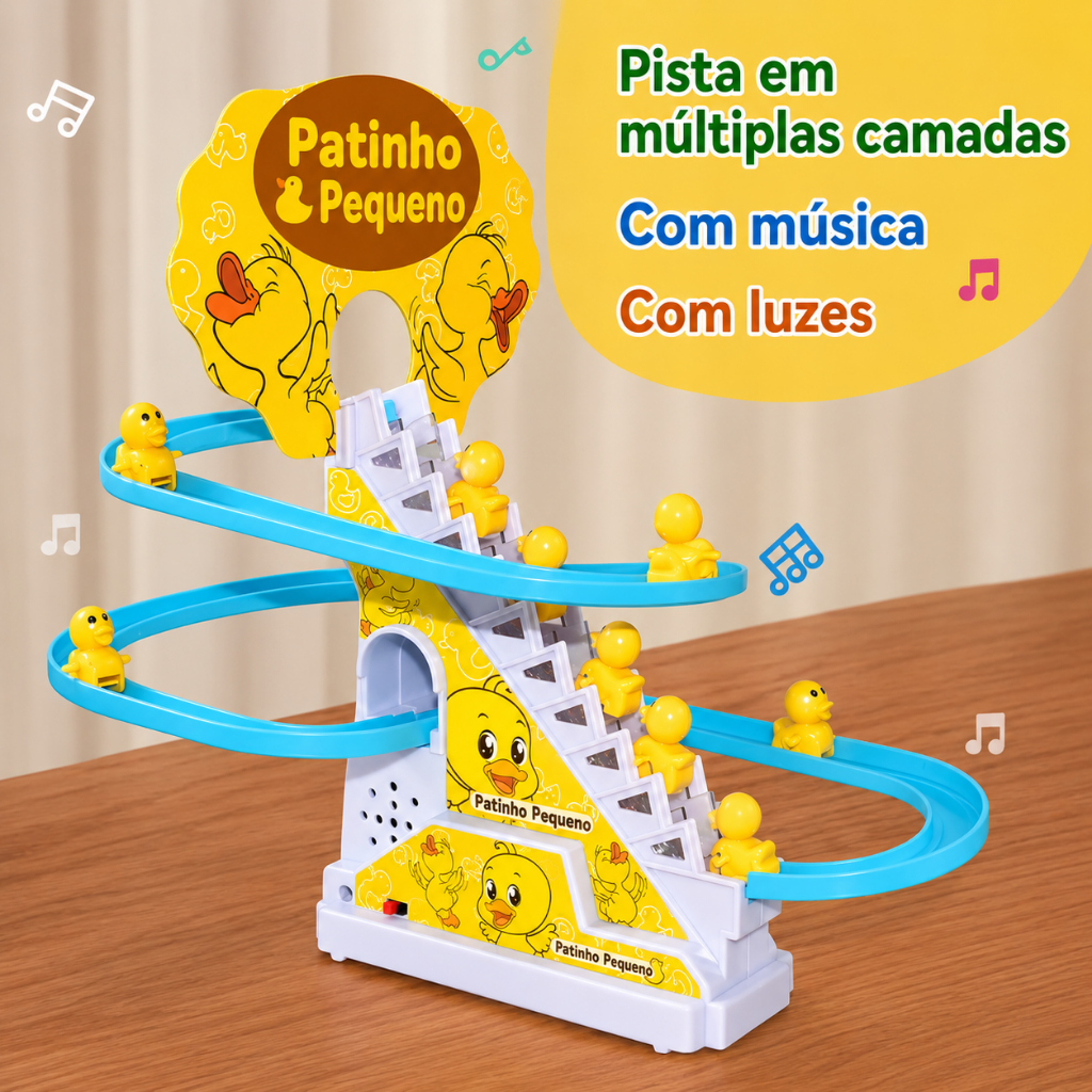 Brinquedo Pista de Patinho Musical Som e Led Com Escorregador Infantil Pato Escada Tobogã