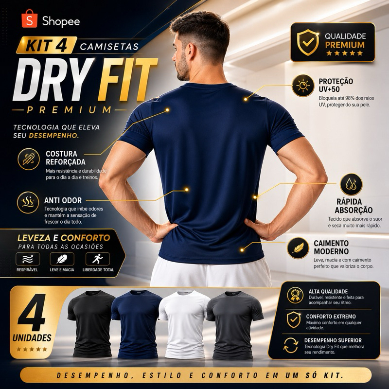 Kit 4 Camisetas Dry Fit Masculina Premium Academia Fitness UV50 Anti Suor Respirável