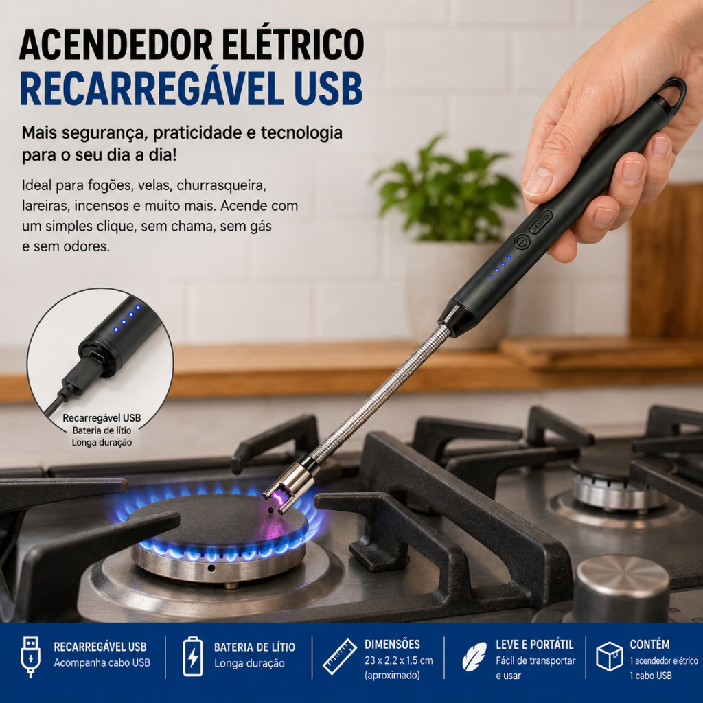 Acendedor de Fogão À Gás Elétrico Recarregável com Ponta Flexível USB para Fogão Velas Churrasqueira e Lareira