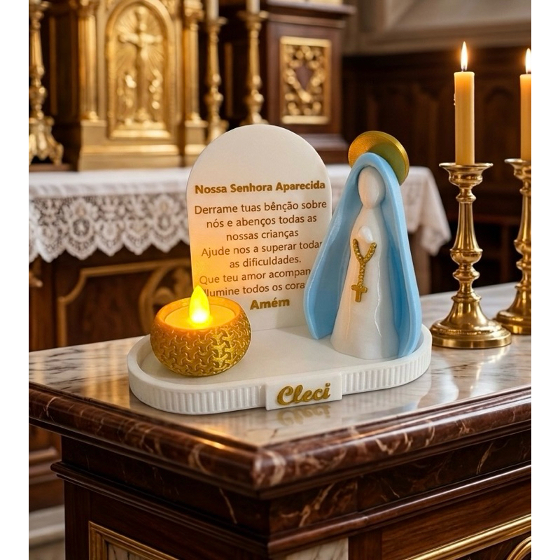 Kit Nossa Senhora com Vela LED + Bandeja Estilo Terço – Mini Altar Decorativo Religioso | Imagem Católica para Lar