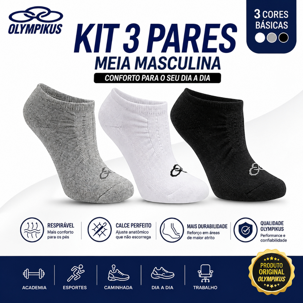 Kit 3 Pares Meia Masculina Olympikus Cano Invisível Esportiva Confortável Branco/Preto/Cinza