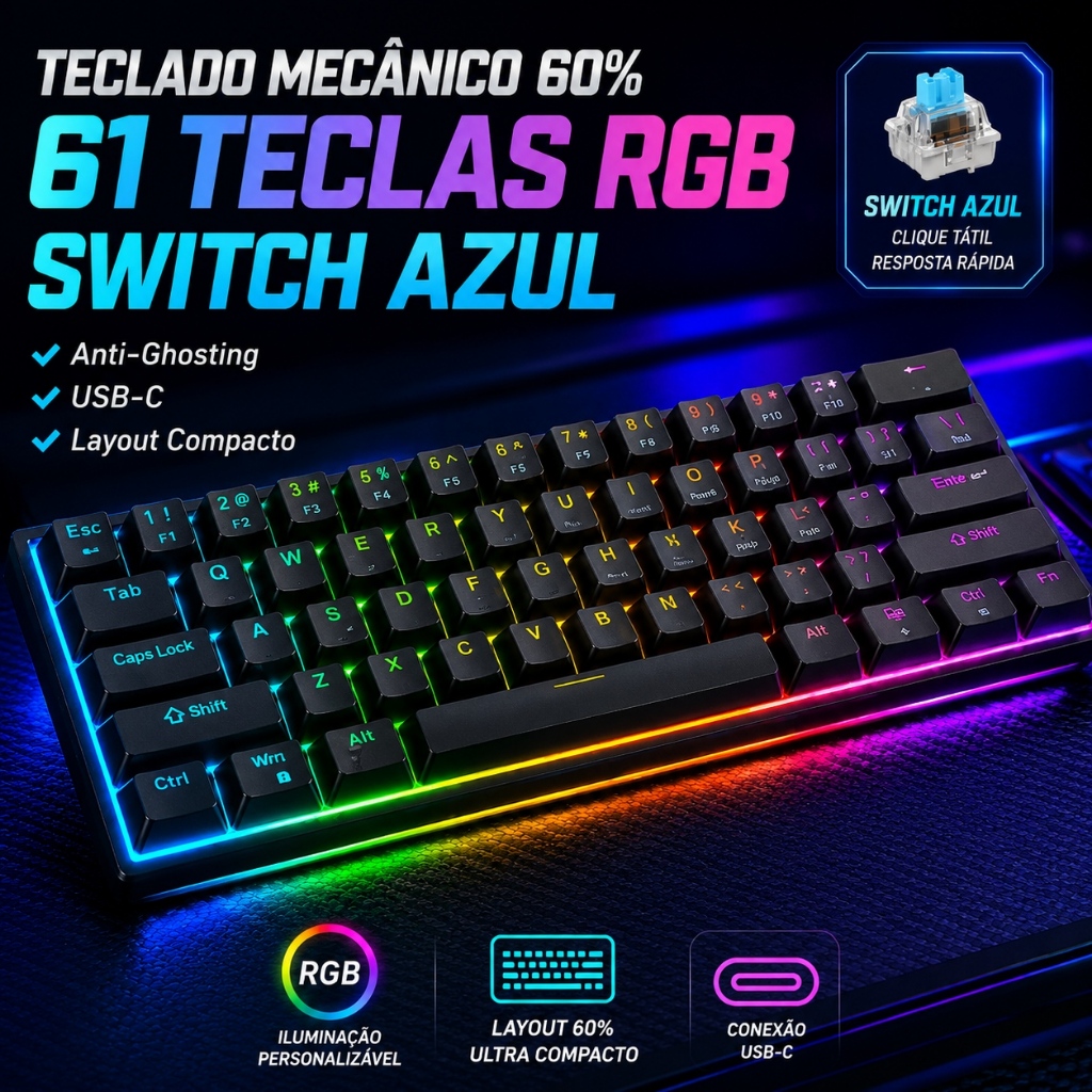 Teclado Mecânico Gamer 60% RGB 61 Teclas Switch Azul Anti-Ghosting USB-C