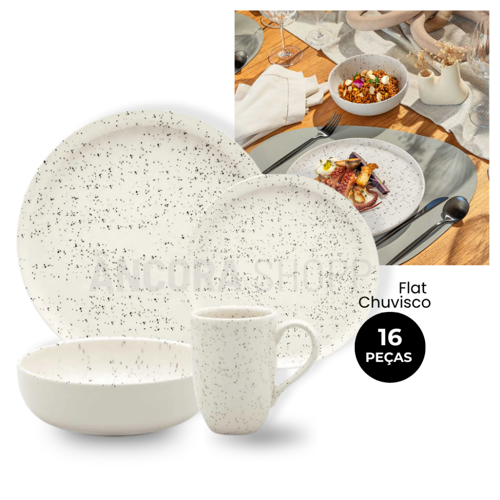 Aparelho Jogo de Jantar Chá e Café 16 Peças Flat Chuvisco Oxford Com Caneca 360ml Prato Tigela Bowl