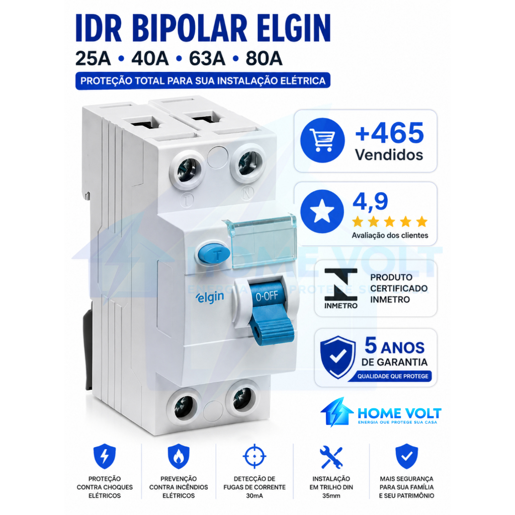 IDR Bipolar Elgin 25A 40A 63A 80A DR Diferencial Residual INMETRO 5 Anos Garantia Proteção Total Pro