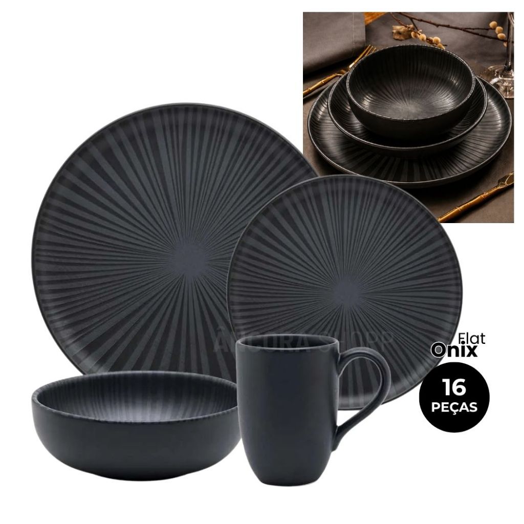 Jogo de Jantar Chá Café 16 Peças Flat Onix Aparelho de Janta Oxford Caneca 360ml Prato Tigela Bowl