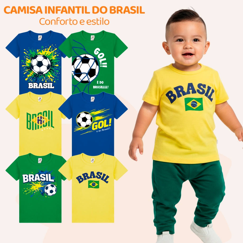 Kit 2 ou 3 Camisas do Brasil Copa do Mundo 2026 Roupa Infantil Seleção Brasileira Bebê Menino Verde Amarela Azul Hexa