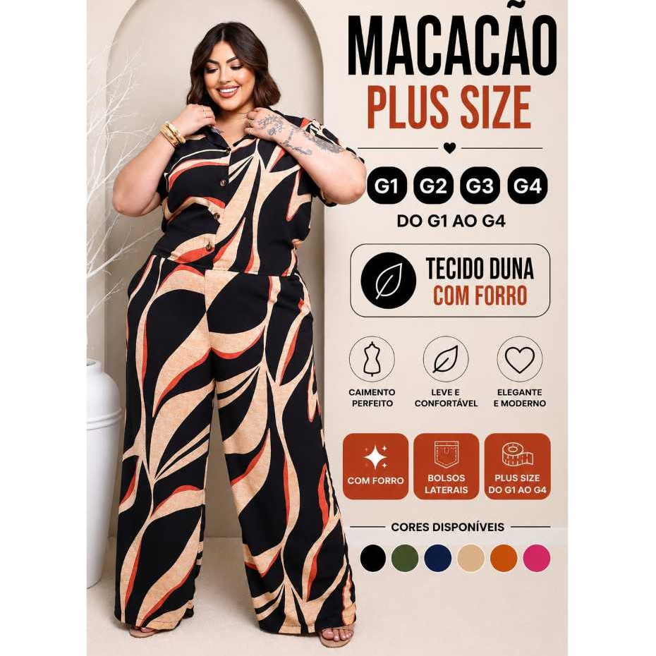 Macacão Plus Size Feminino Chemise Pantalona com Bolsos Elástico na Cintura G1 ao G4 Confortável Elegante Estampado Liso