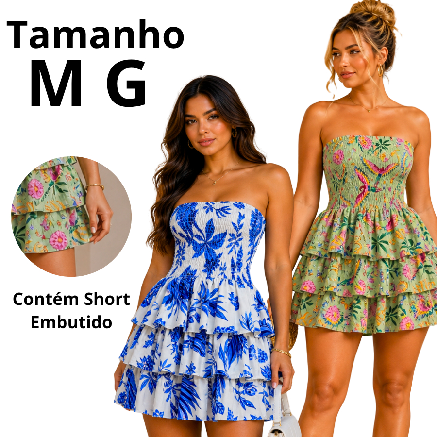 VESTIDO FEMININO TROPICAL CURTO, COM SHORT EMBUTIDO TECIDO CREPINHO MODA VERÃO INVERNO