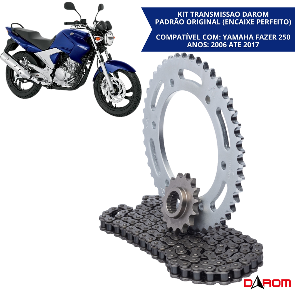 Kit Relação Transmissão Yamaha Fazer 250 2006 a 2017 Corrente 428HX 132 Elos Coroa 45 Dentes Pinhão 15 Dentes  Darom