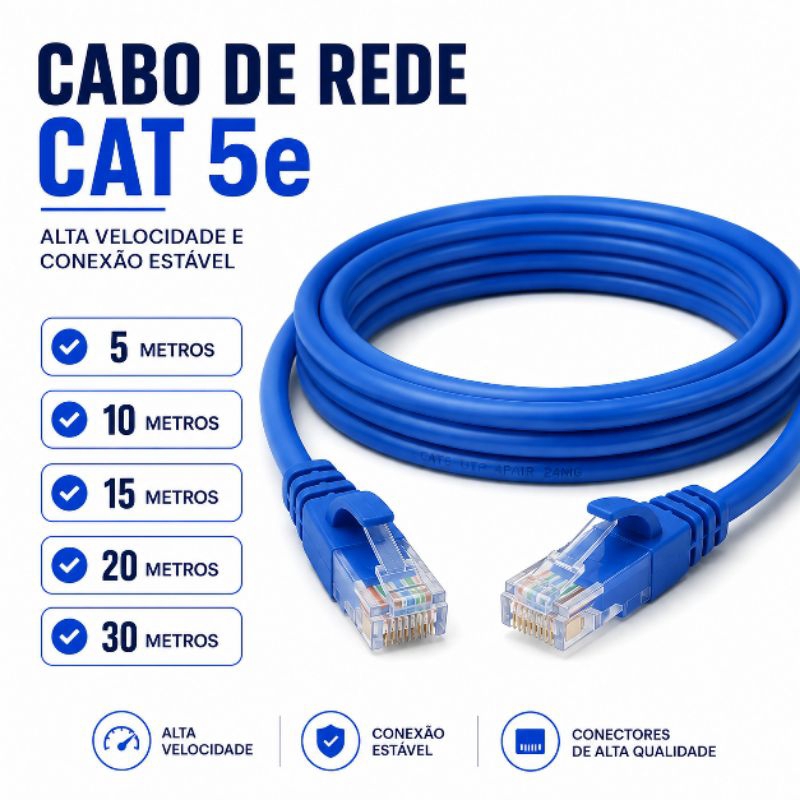 Cabo de Rede RJ45 Cat5e Internet Montado 5m 10m 15m 20m 30m Conexão Alta Velocidade