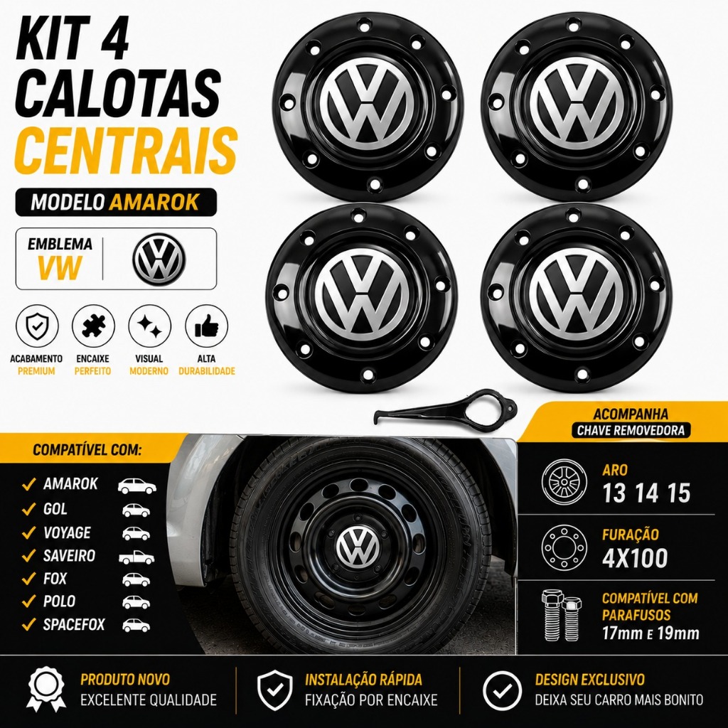 Jogo 4 Calota Roda 13  Ferro Amarok Preta Vw VOLKSWAGEM