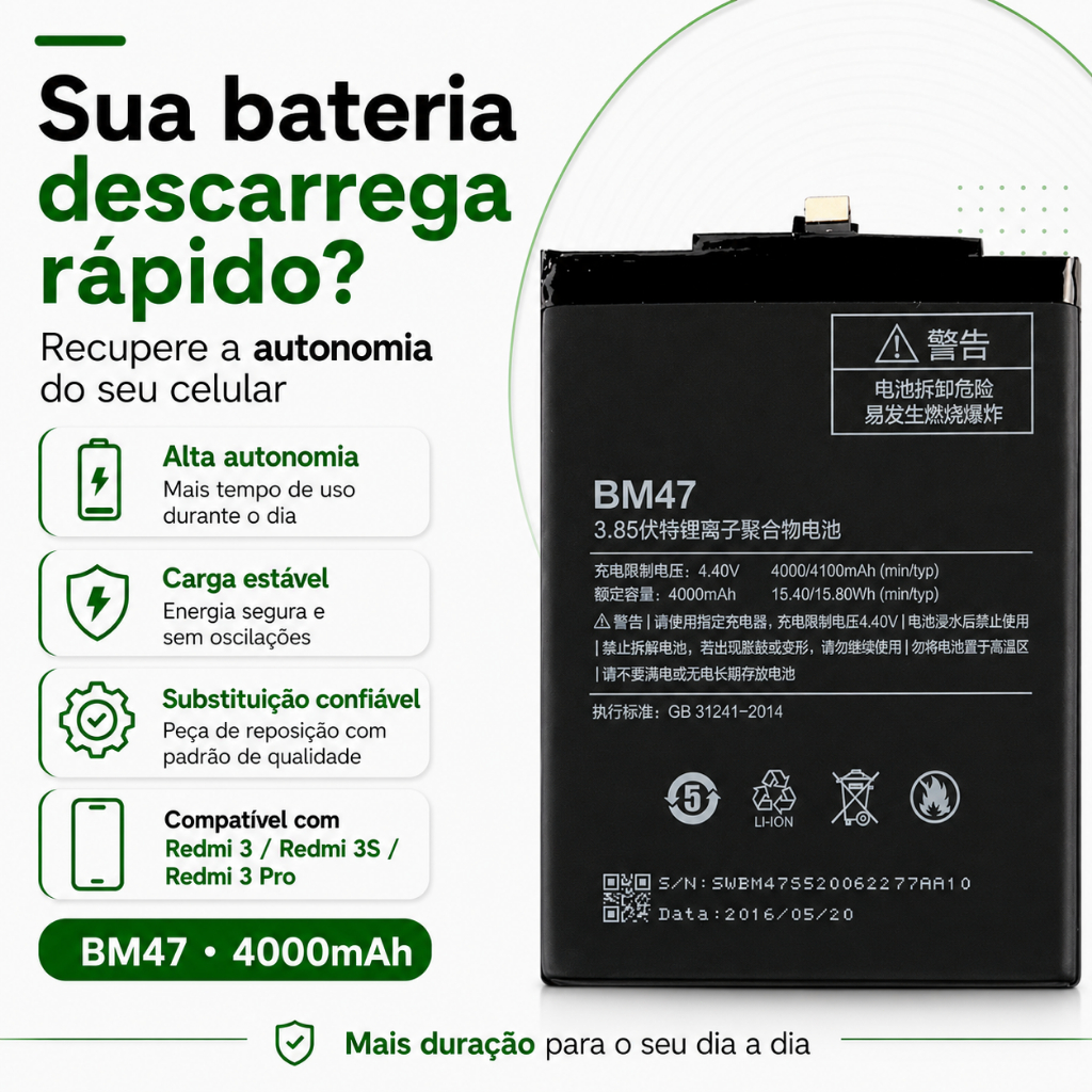 Teste grátis por 30 dias> Bateria BM47 para Redmi 3 / 3S / 3 Pro 4000mAh | Troque e Recupere a Autonomia