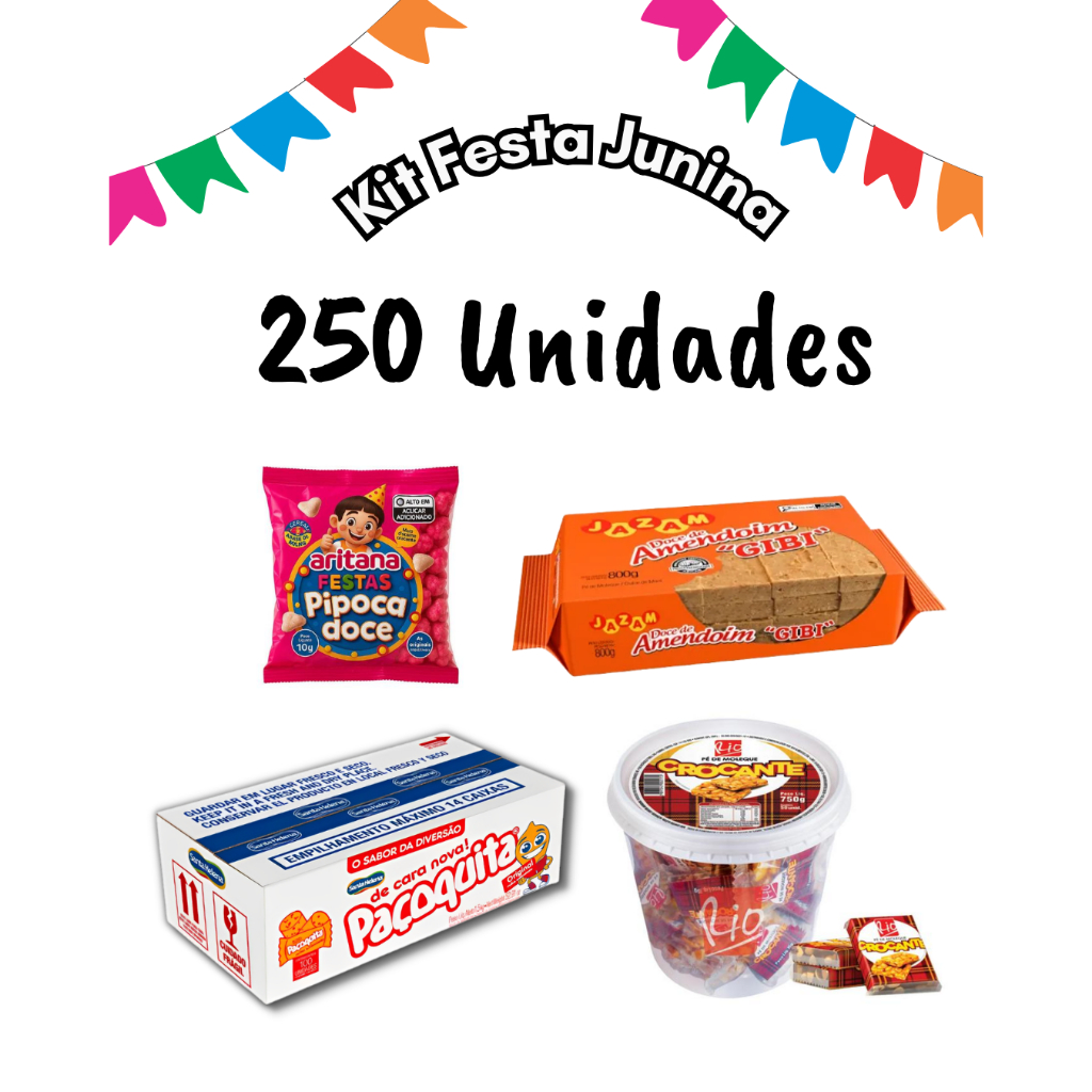 Kit 250 Doces Tradicionais de Festa Junina (Paçoquita, Pipoca Doce, Pé De Moleque, Doce De Amendoim)
