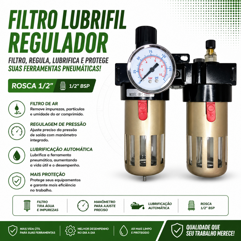Filtro Lubrifil Regulador Tira Água Lubrifica Ferramenta 1/2