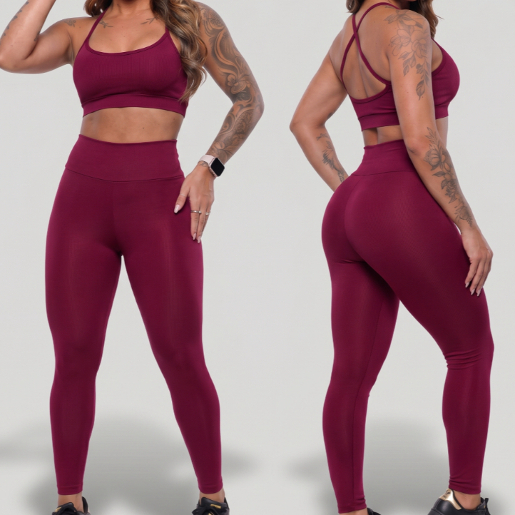 Conjunto Calça Legging e Top Academia Feminino Top Cós Alto Zero Transparência Alta Compressão