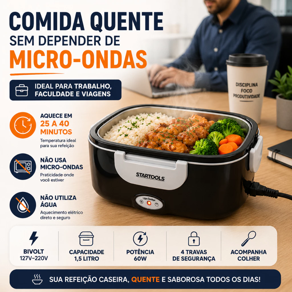 Marmita Elétrica Térmica Bivolt Portátil 1,5L Ideal Para Trabalho e Viagem Quentinho Sempre