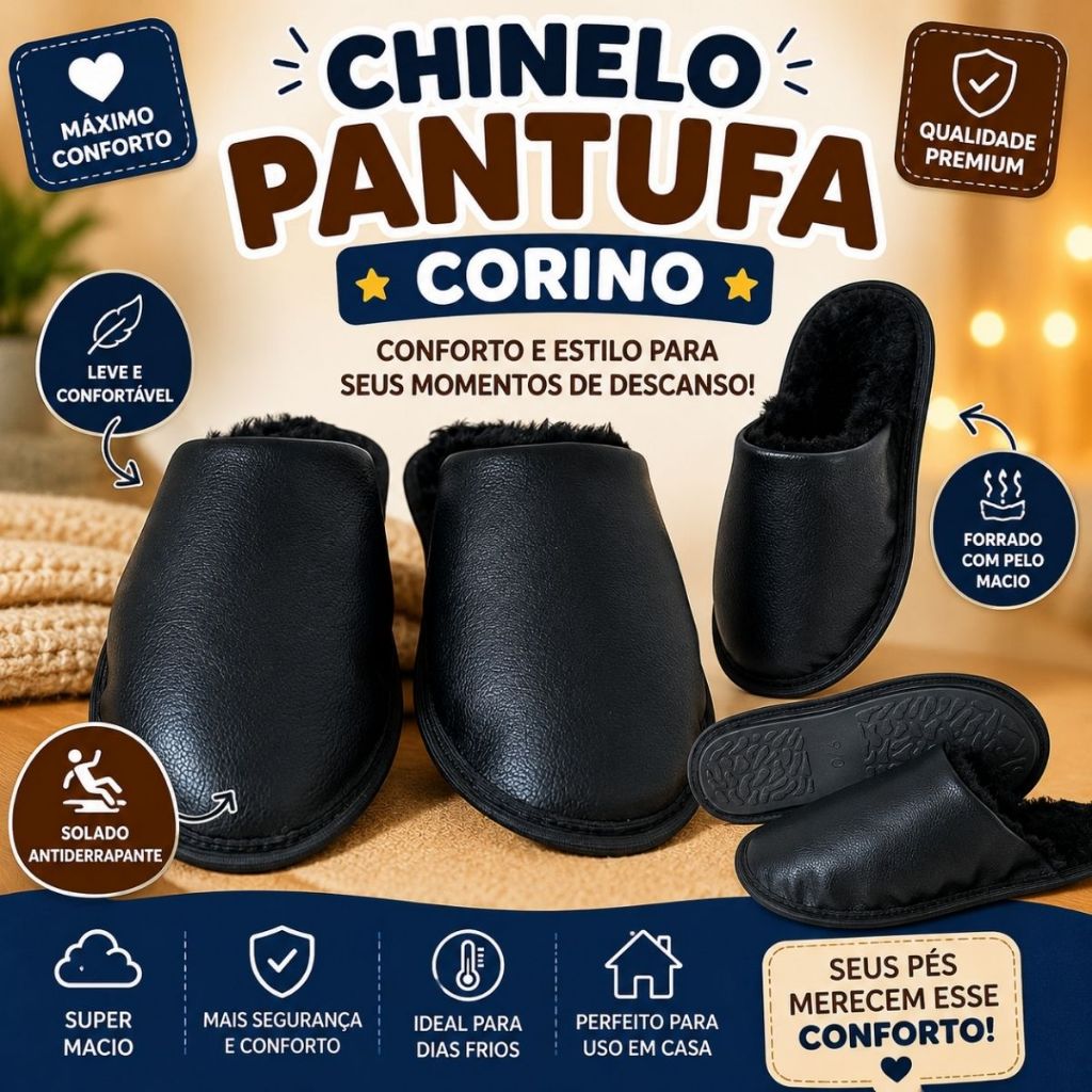 Pantufa Masculina e Feminina de Corino, Forrada com Lã Interna, Com Solado Antiderrapante Ideal para o dia a dia