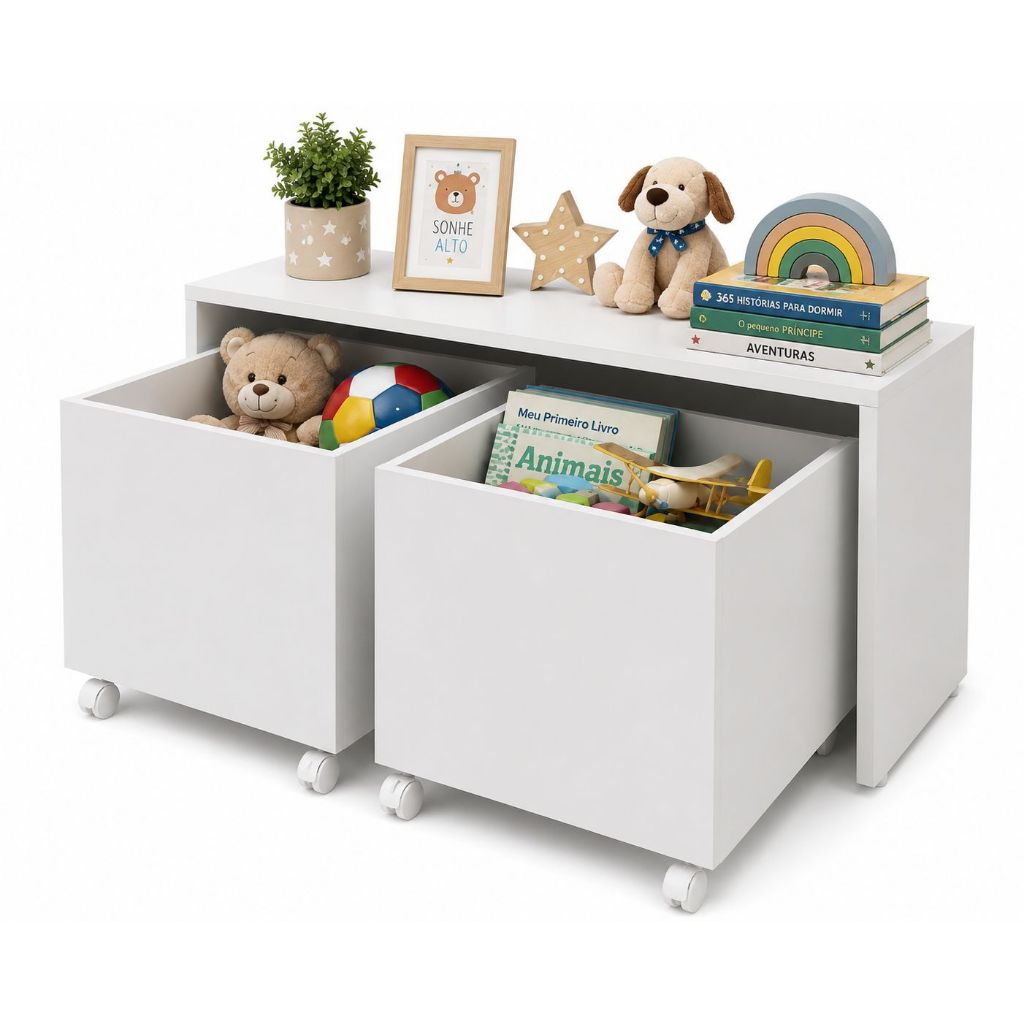 Mesa 2 Baú Organizador Brinquedos Quarto Criança Branco