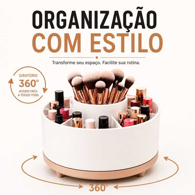 Organizador de Maquiagem Giratório 360° Compacto Porta Pincéis e Cosméticos