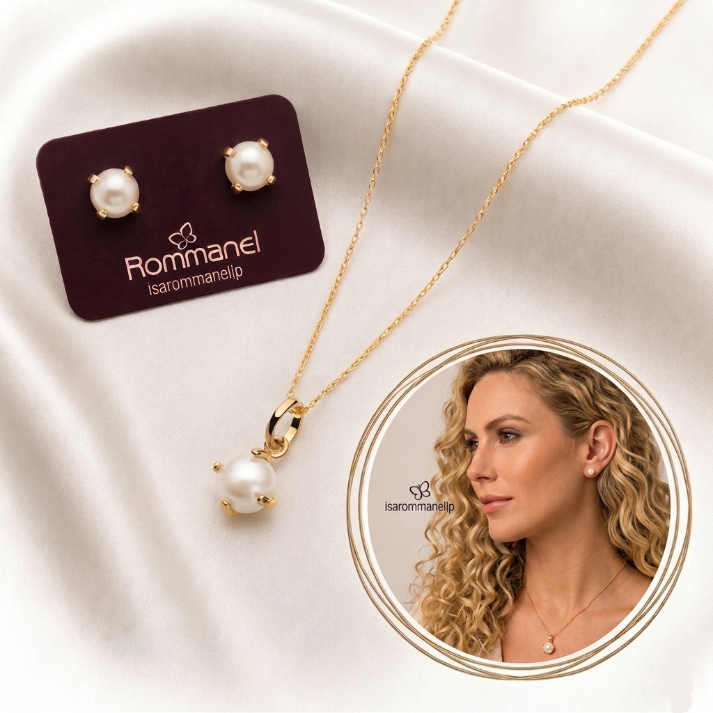 Conjunto Rommanel Colar com Pingente e Brincos de Pérola