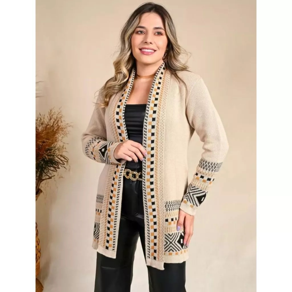Cardigan Kimono Casaco Feminino Tricot Detalhes Geometricos Inverno Elegante Cardigã Trico