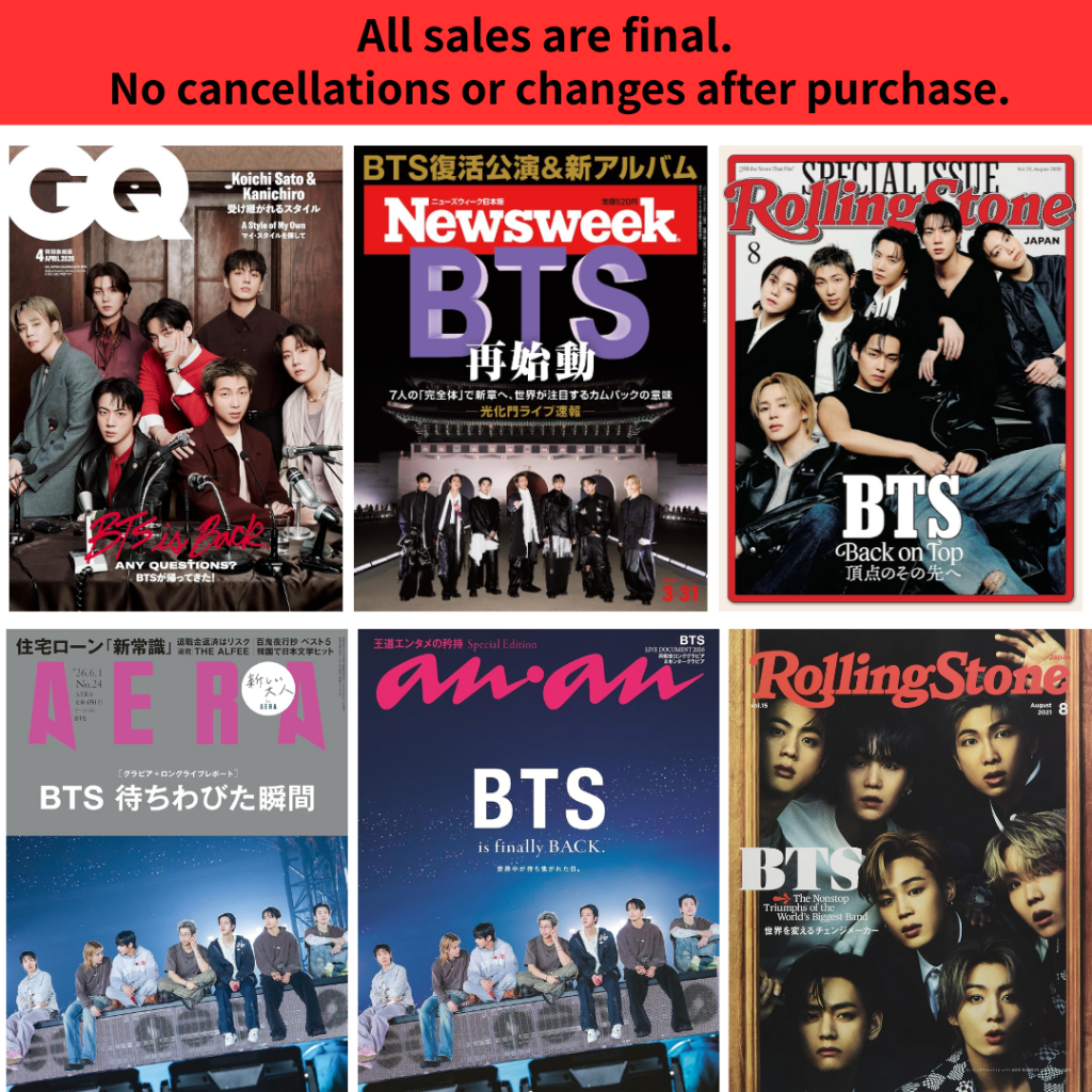 Brand-New BTS Japan Magazine Set GQ JAPAN Apr 2026 Special Cover Newsweek Japan Mar 31 2026 Rolling Stone Japan Vol.15 Vol.35 Aug 2026 AERA Jun 1 2026 anan No.2500 Special Edition BTS Selectable Official Japanese Magazine