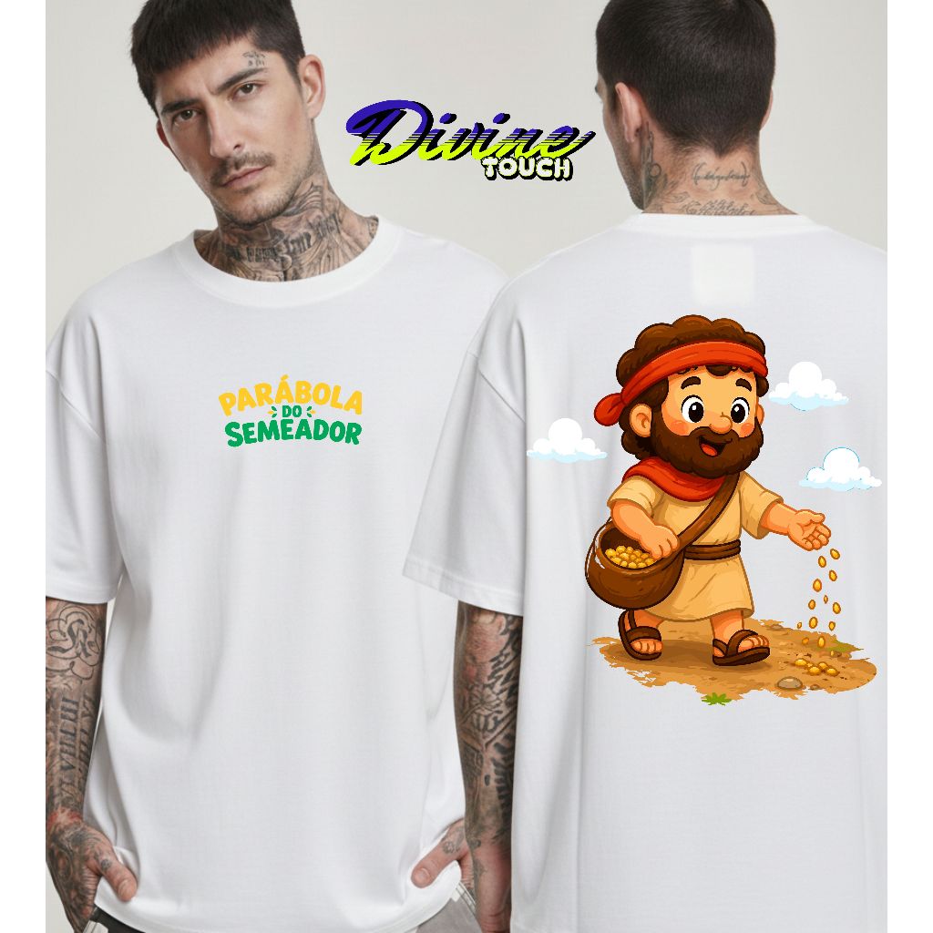 Camiseta Oversized Unissex 100% Algodão Estilosa Jesus Cristo Parabola Do Semeador Deus Salvação