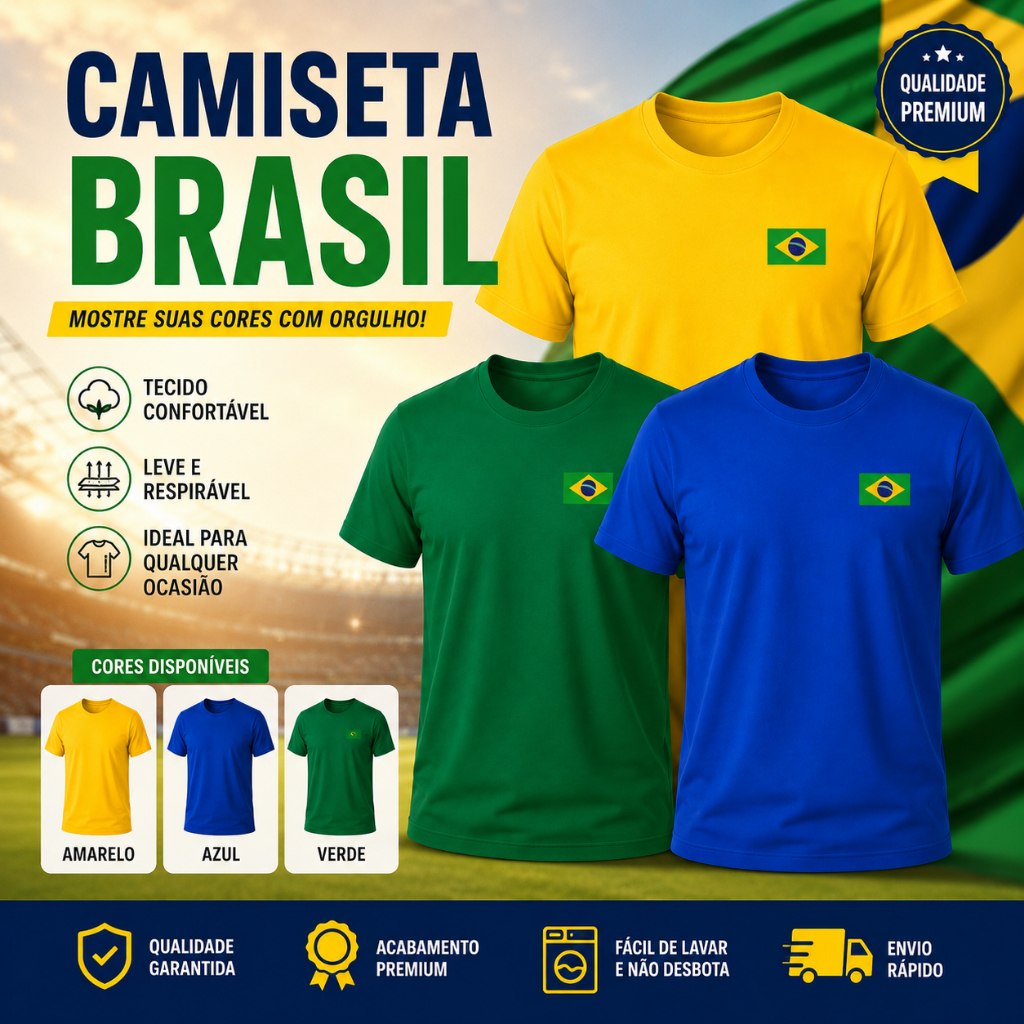 🇧🇷 Camiseta Brasil Masculina 100% Algodão Bandeira do Brasil Verde Amarela Azul Premium