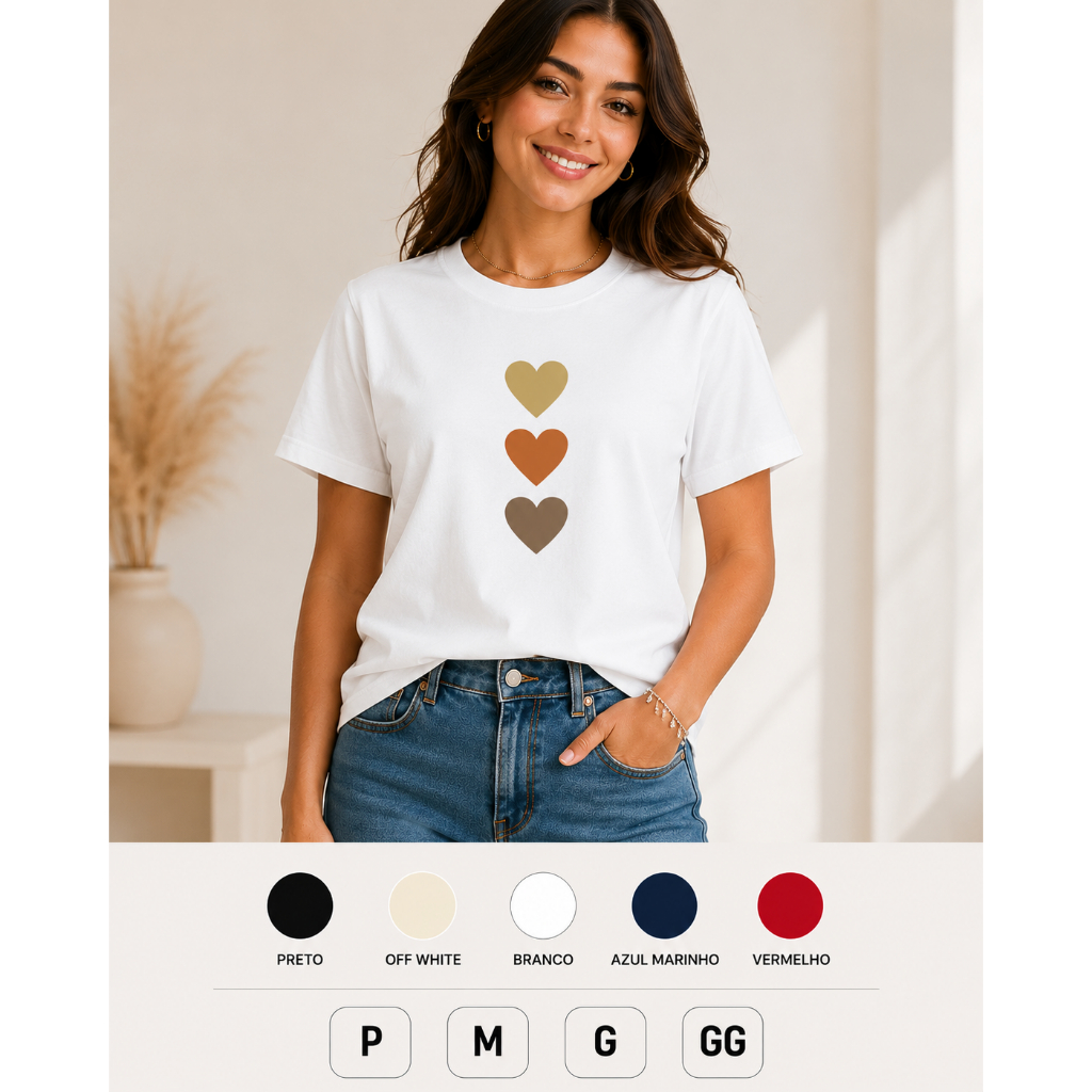 Camiseta Algodão Estilo Casual Feminina Corações Minimalista , camiseta premium, camisa feminina