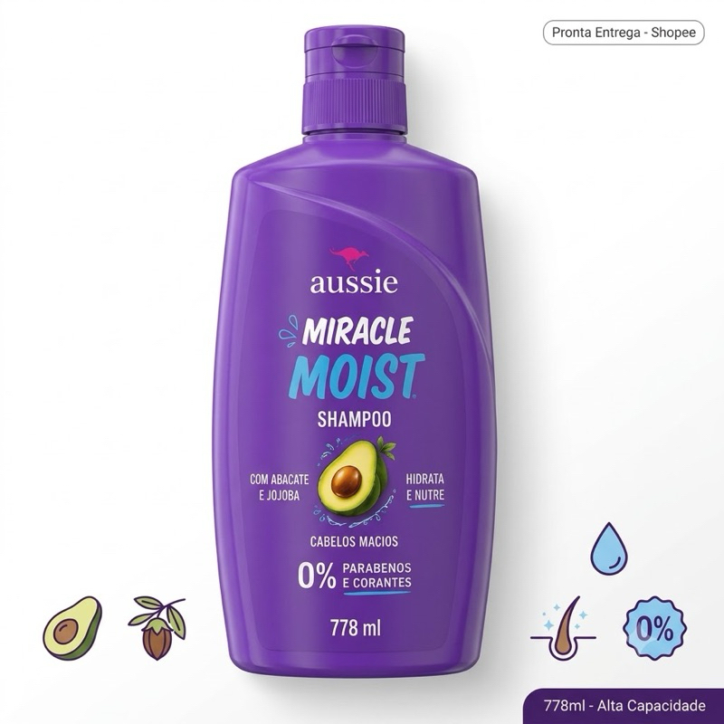 Shampoo Aussie Miracle Moist 778ml Original Hidratação Abacate e Jojoba