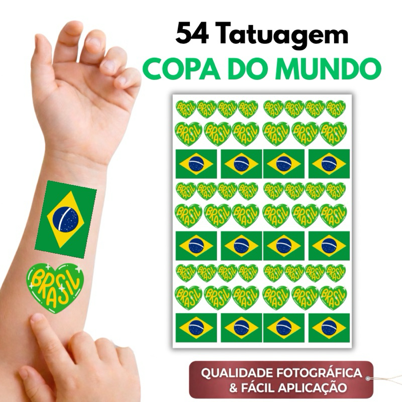 Kit 54 Tatuagem Temporária Bandeira do Brasil Adesivo Tattoo Festa Hexa Copa do Mundo 2026 Torcida