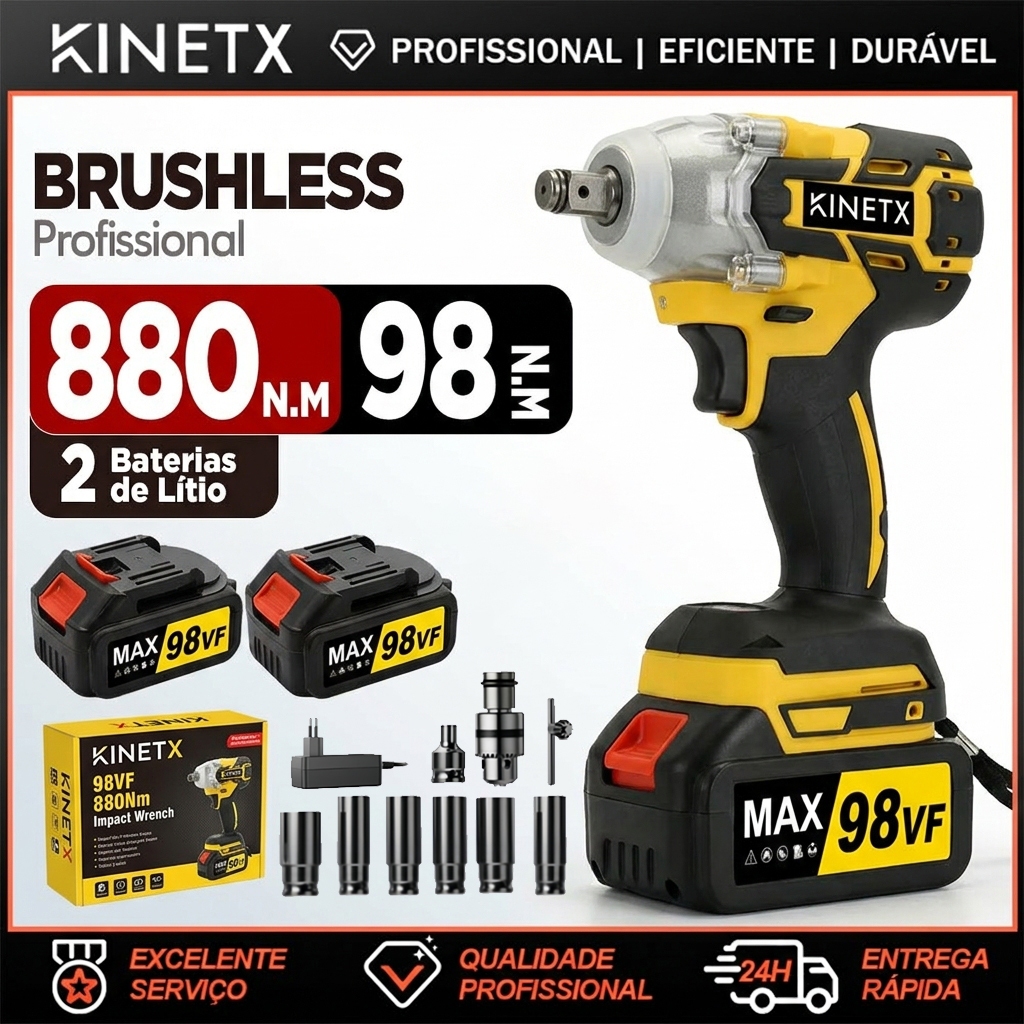 Kit Chave de Impacto Elétrica 880NM 98VF 2 Baterias Com Maleta Parafusadeira Furadeira Sem Fio Profissional