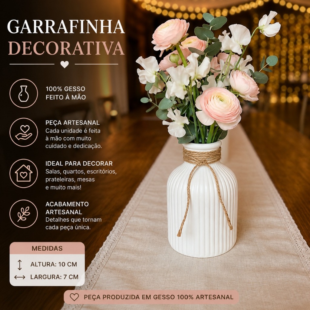 Kit vaso decorativo de gesso com cactos e plantas artificiais