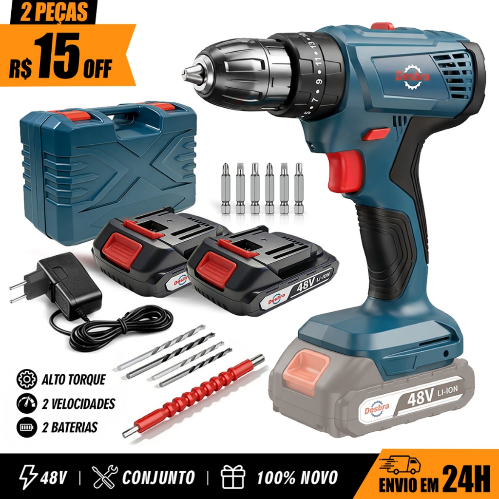Furadeira Parafusadeira Profissional 48V Brushless Sem Fio Kit Completo com 3 funções 2 Baterias e Acessórios