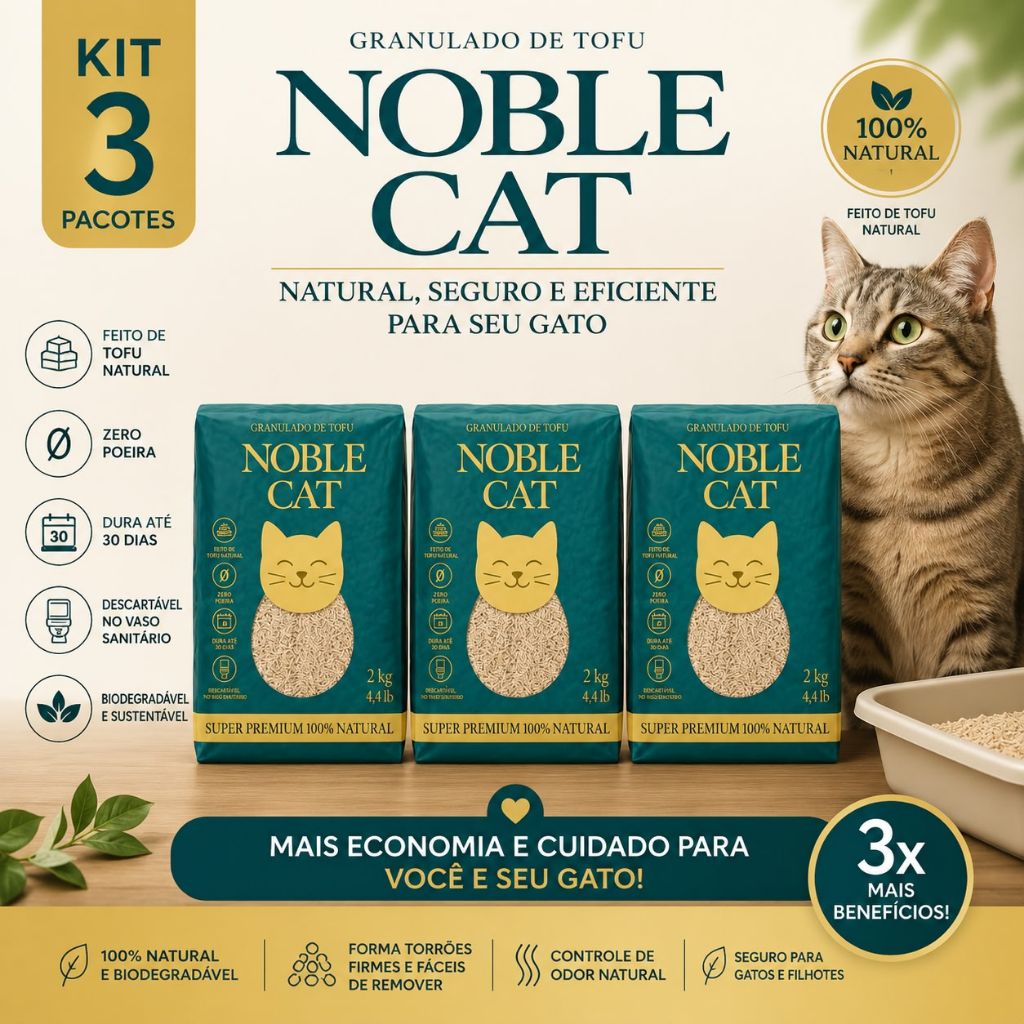 3 Pac de Granulado de Tofu NOBLE CAT 2kg Biodegradável Descarte no Vaso Sem Cheiro e Sem Pegadas