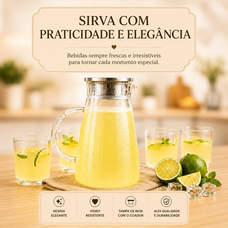 Jarra de Vidro Borossilicato 1,8L com Tampa Inox Linha Mesa Posta
