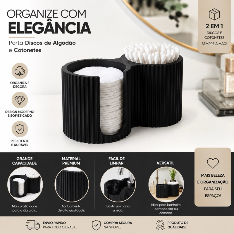 Porta Discos de Algodão e Cotonetes Organizador 2 em 1 Banheiro Penteadeira Pia Decorativo Multiuso