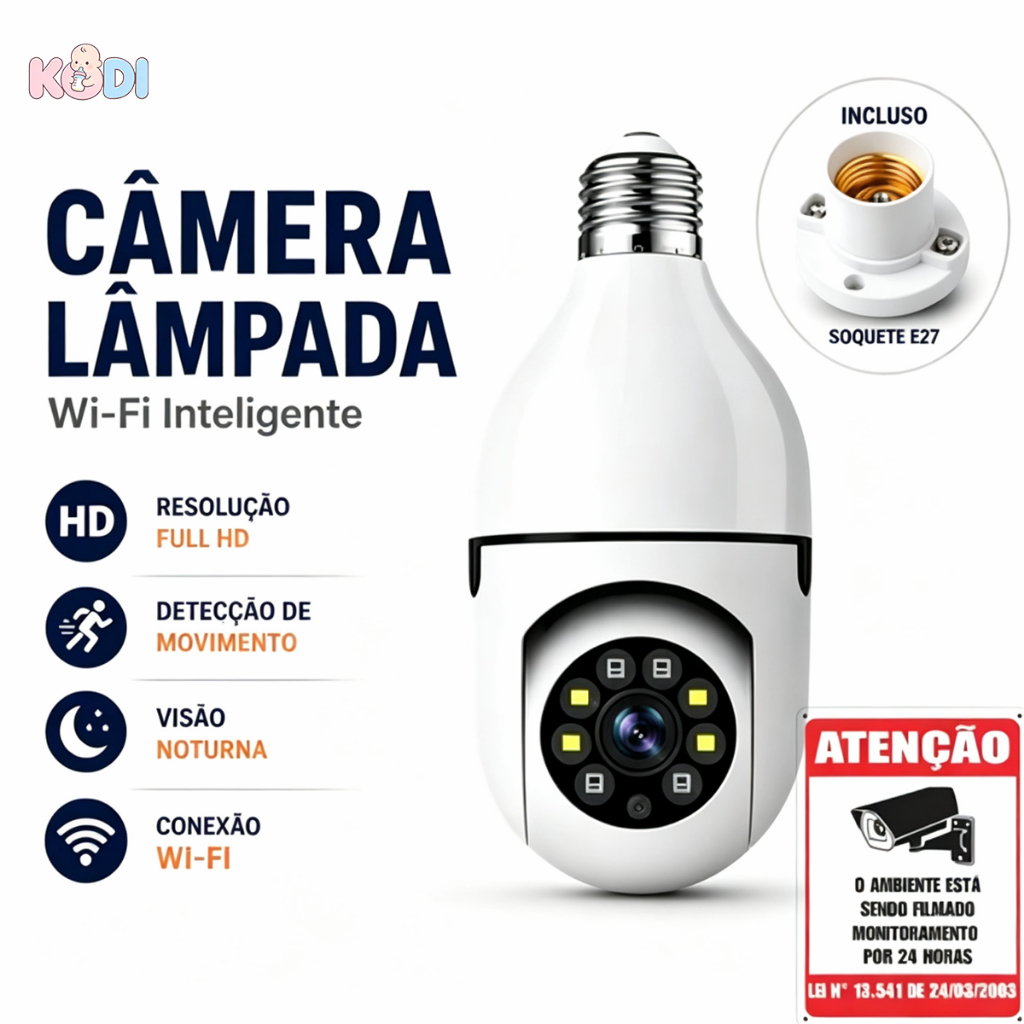 Câmera wifi ip sem fio giratória 360 com encaixe lampada bocal rosca ptz full HD visão noturna segurança --G4