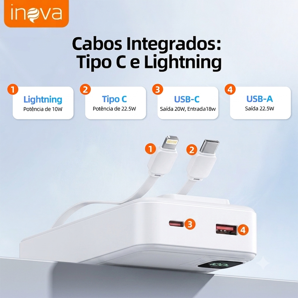 Inova Carregador Power Bank 22,5W Portátil 20000mah/10000mah  Universal carregamento rápido Saida 2 Cabos — foto 4