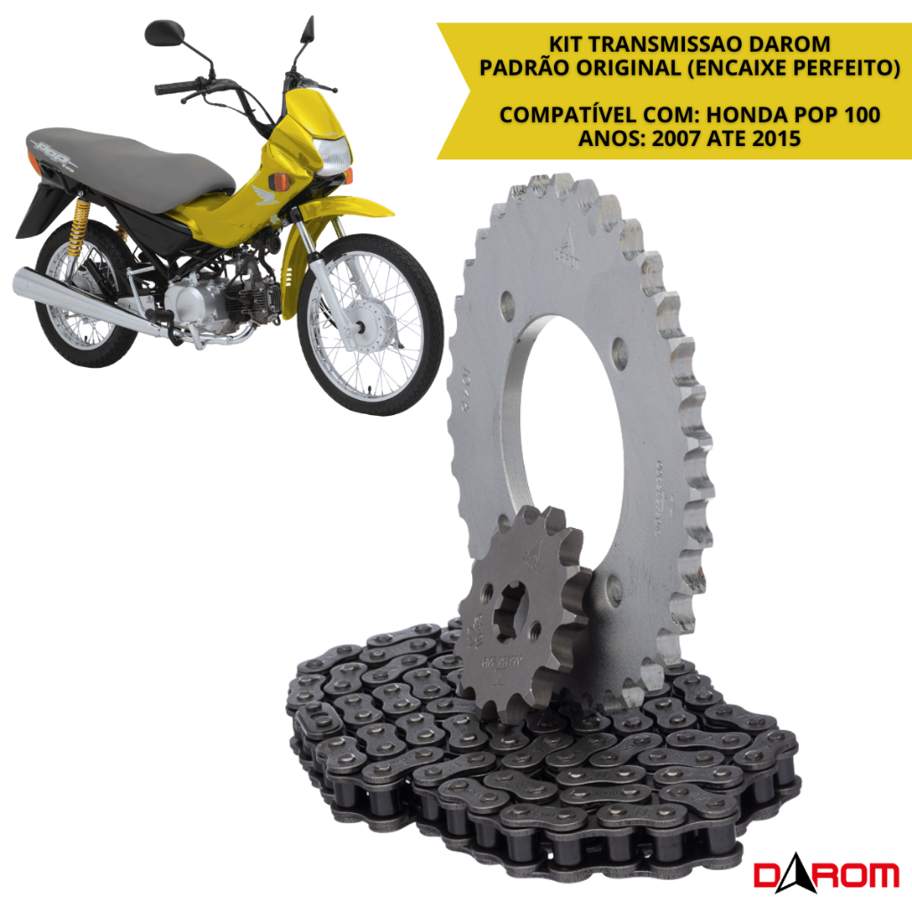 Kit Relação Transmissão Honda Pop 100 2007 A 2015 Corrente 428H 106 Elos Coroa 35 Dentes Pinhão 14 Dentes Darom