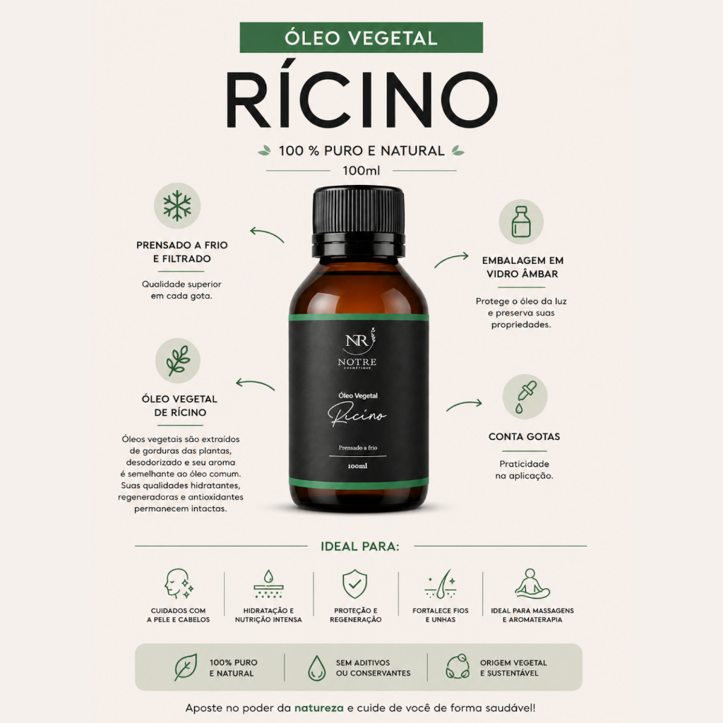 Óleo De Rícino 100ml 100% Natural E Puro Vegetal Fragrância Neutra Prensado A Frio