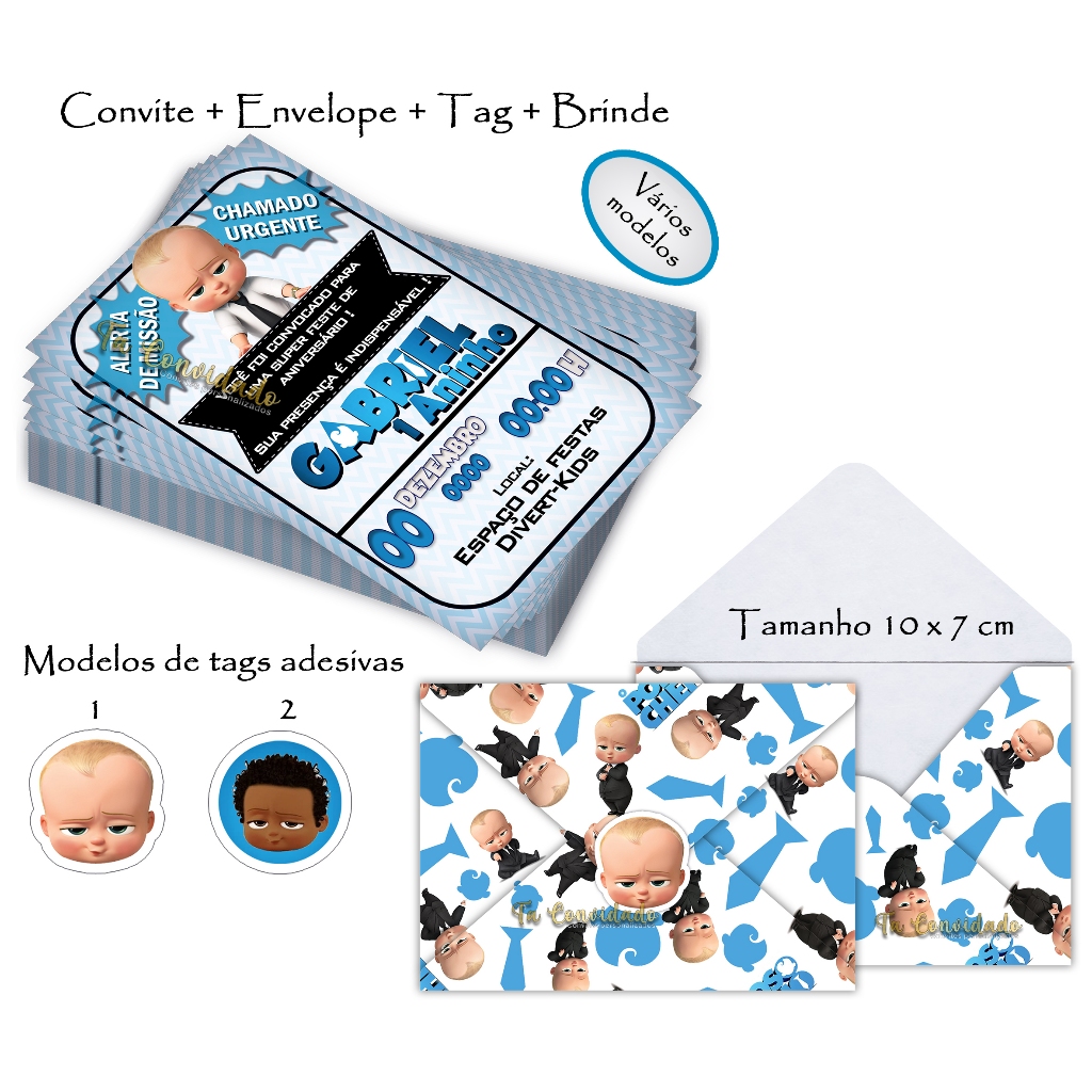 Convites Personalizados Poderoso chefinho 10x7cm Aniversário infantil + Envelope + Tag