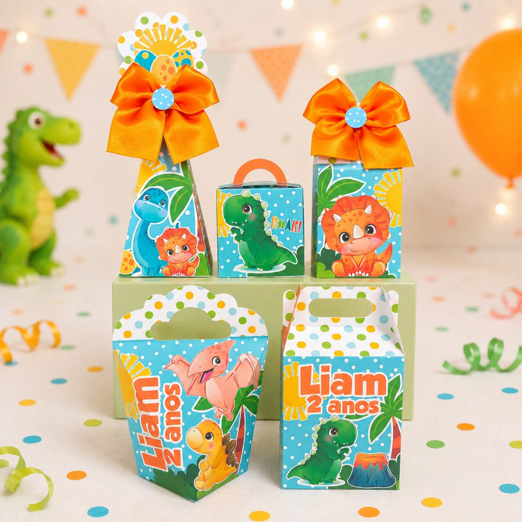 PEGUE E MONTE Kit Caixinhas Personalizadas para Festa Dino Baby Dinossauros Caixas para Lembrancinhas de Aniversário