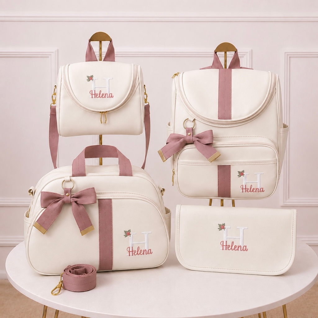 Kit Maternidade 4 Peças Bolsa Mochila Trocador e Frasqueira, Personalizado Térmico, Coleção Premium