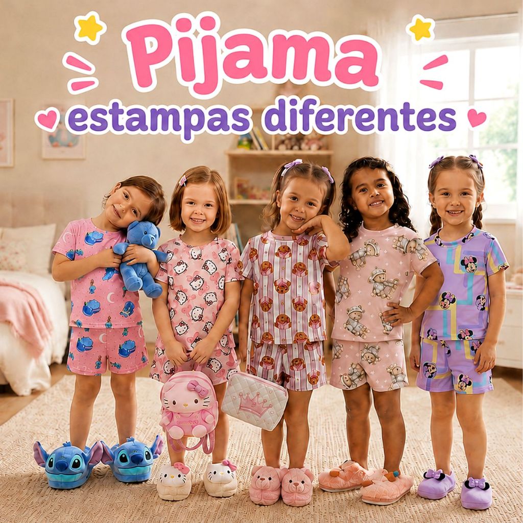 Pijama Infantil Roupa De Dormir Conjunto Fluity Feminino Estampado Personagens Confortável Stitch Ursinhos Gatinha