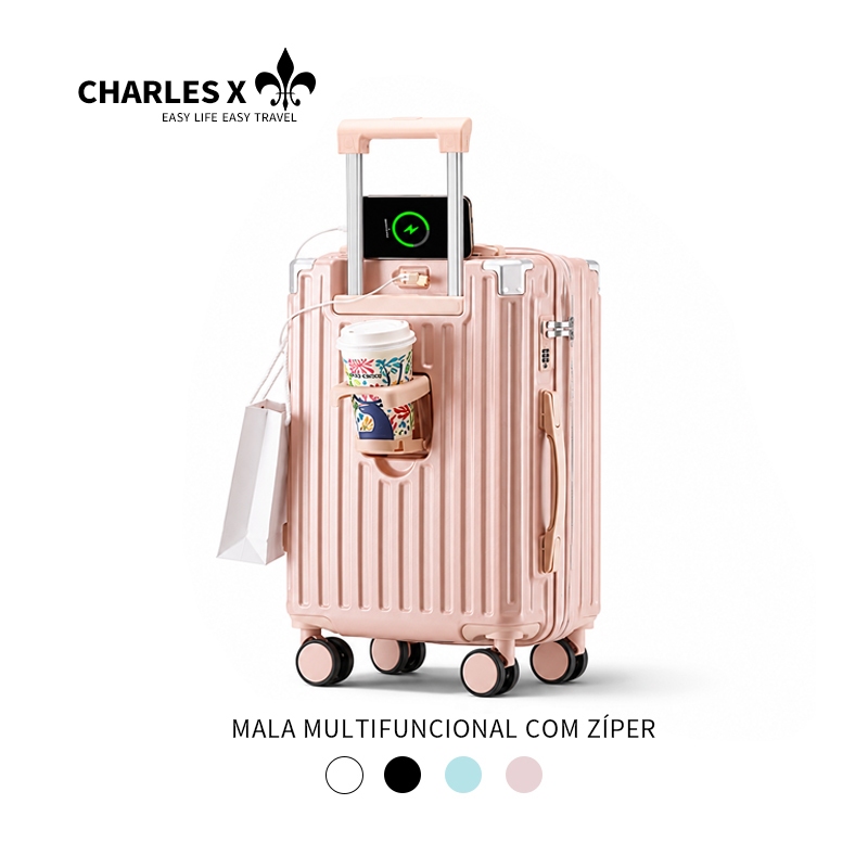 CHARLES X Mala Multifuncional com Porta-Copos, Suporte para Celular, Porta USB para Carregador e Rodas Removíveis