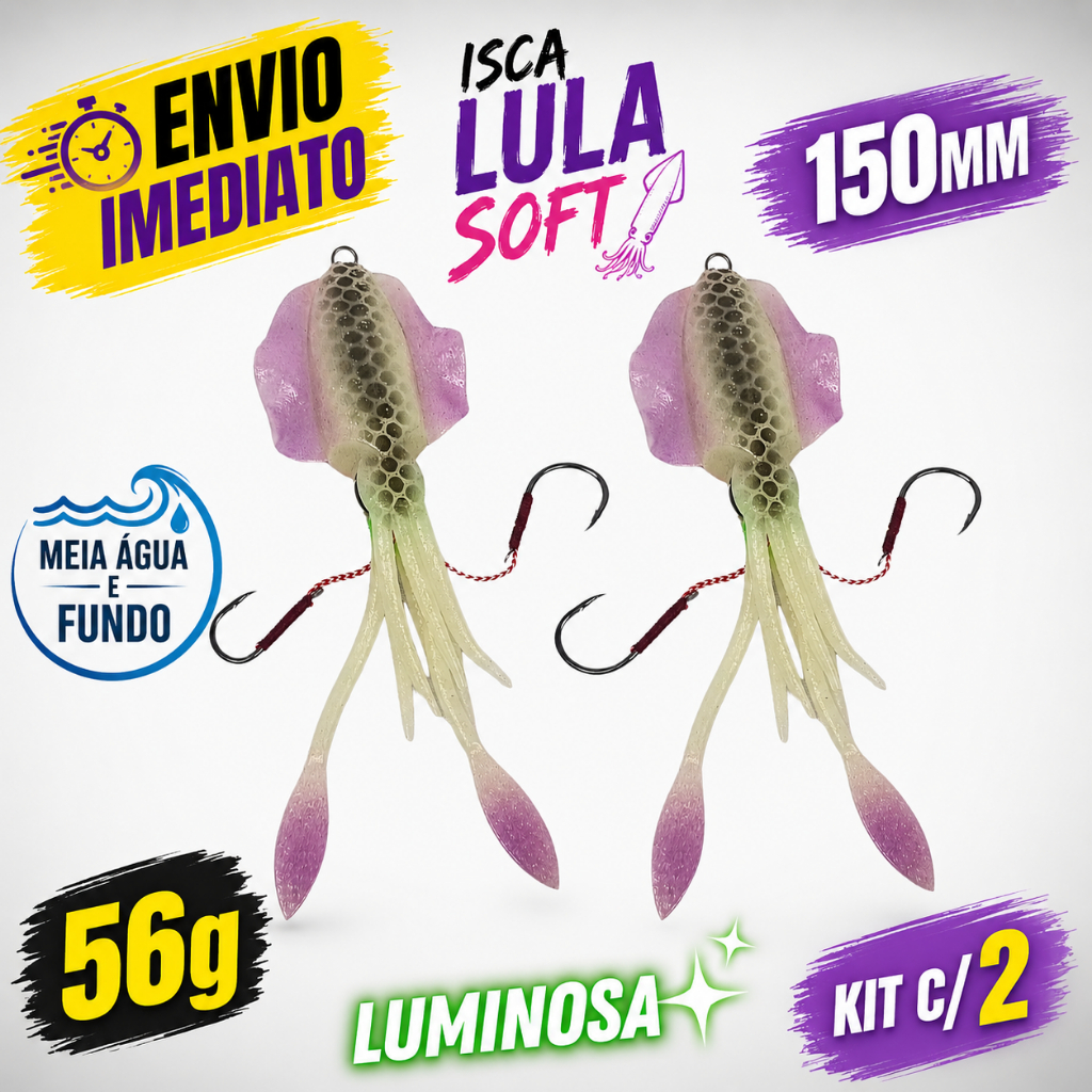 Kit 2 Isca Artificial Lula Soft 56g 15cm Meia Agua Fundo Tucunaré Pesca Pirarucu Robalo Peixe