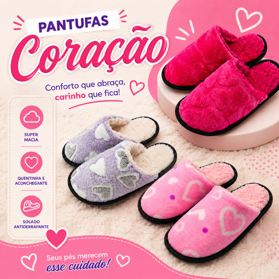 Pantufa Feminina CORAÇÃO Peluciada Antiderrapante Quentinha Infantil e Adulta