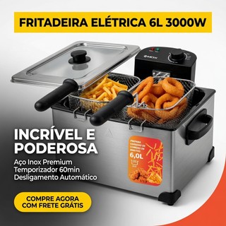 Fritadeira Elétrica 6L Incrível 3000W Premium Aço Inox