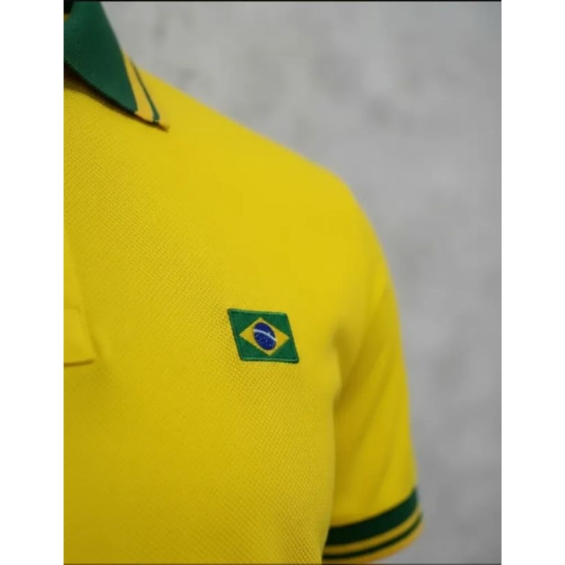 Camiseta Polo Masculina Bandeira do Brasil Bordada Premium Casual Esportiva